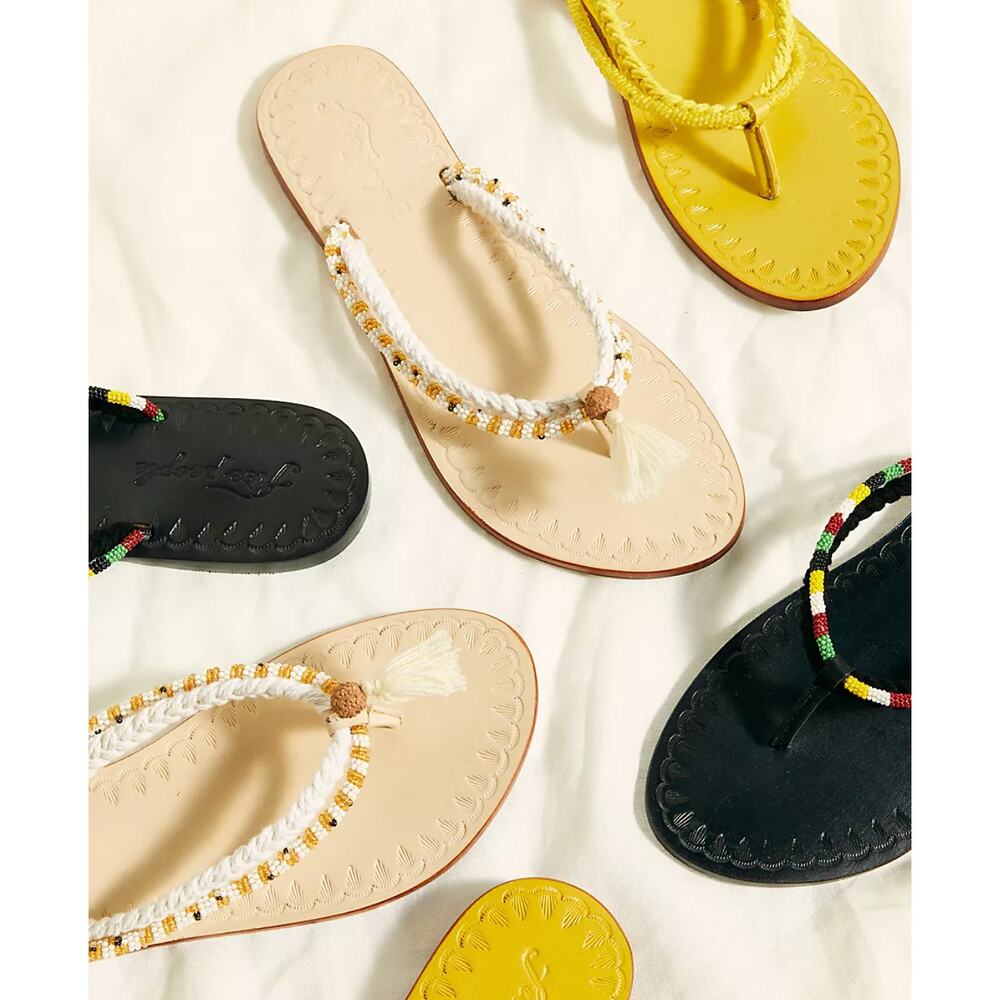 Free People Cream Beaded Beach Flip Flops